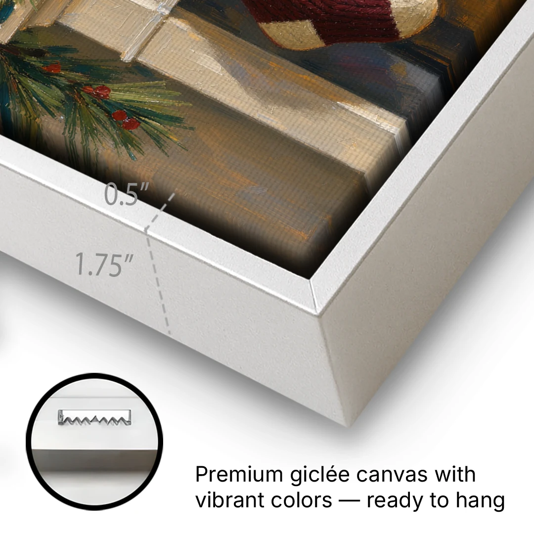 Christmas Mantel Painting with Three Knit Stockings - White Framed Canvas Wall Art - Gallery Wrap Corner