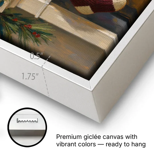 Christmas Mantel Painting with Three Knit Stockings - White Framed Canvas Wall Art - Gallery Wrap Corner