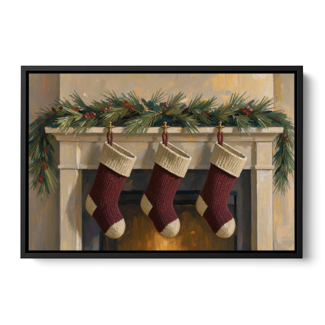 Christmas Mantel Painting with Three Knit Stockings - Black Framed Canvas Wall Art - Front