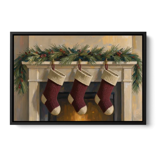 Christmas Mantel Painting with Three Knit Stockings - Black Framed Canvas Wall Art - Front