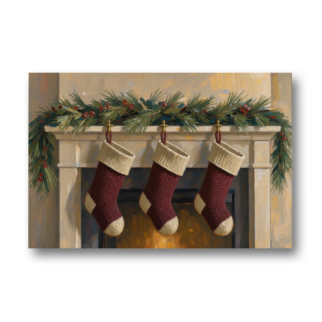 Christmas Mantel Painting with Three Knit Stockings - Canvas Wall Art - Front