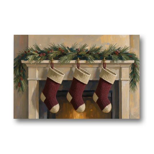 Christmas Mantel Painting with Three Knit Stockings - Canvas Wall Art - Front