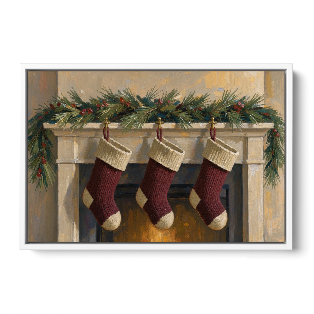 Christmas Mantel Painting with Three Knit Stockings - White Framed Canvas Wall Art - Front