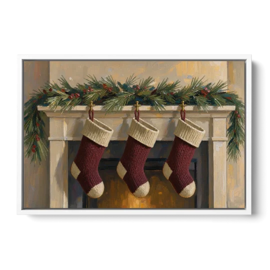 Christmas Mantel Painting with Three Knit Stockings - White Framed Canvas Wall Art - Front