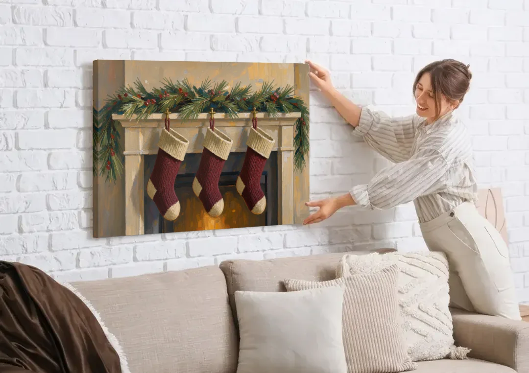 Christmas Mantel Painting with Three Knit Stockings canvas wall art being hung on a white brick wall above a sofa