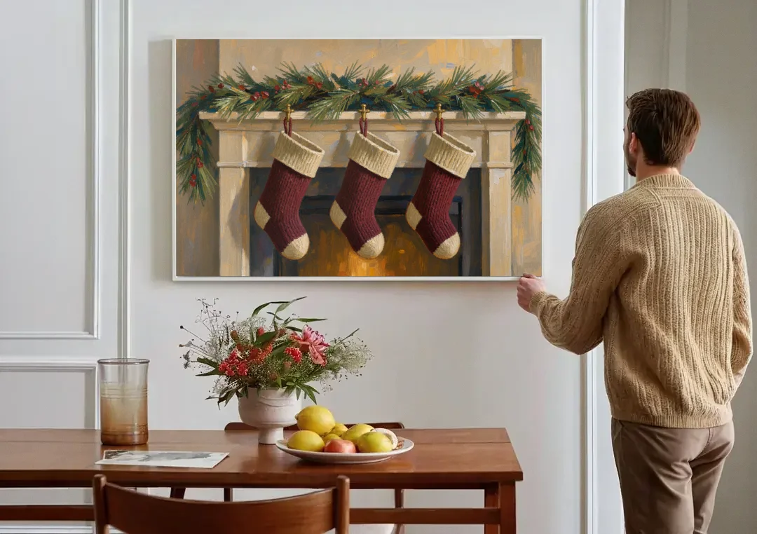 Christmas Mantel Painting with Three Knit Stockings canvas wall art above a dining table