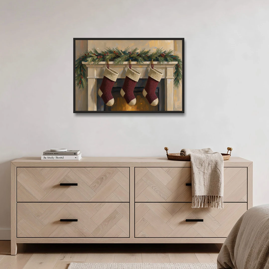 Christmas Mantel Painting with Three Knit Stockings - Black Framed Canvas Wall Art - Coffee Table - 36x24