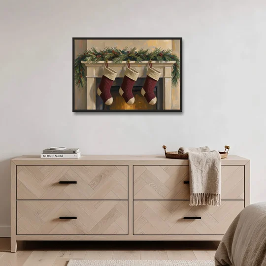 Christmas Mantel Painting with Three Knit Stockings - Black Framed Canvas Wall Art - Coffee Table - 36x24