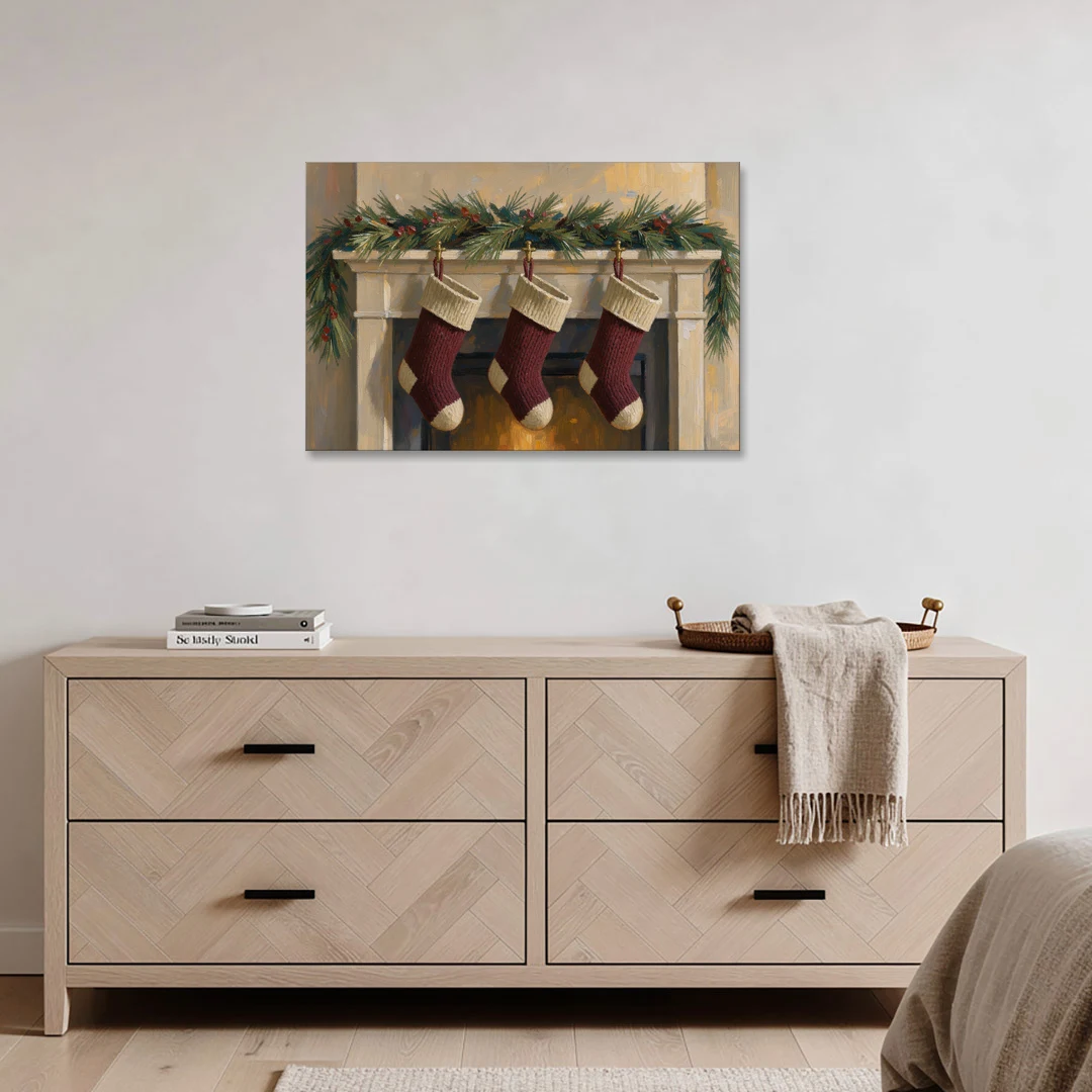Christmas Mantel Painting with Three Knit Stockings - Canvas Wall Art - Coffee Table - 36x24