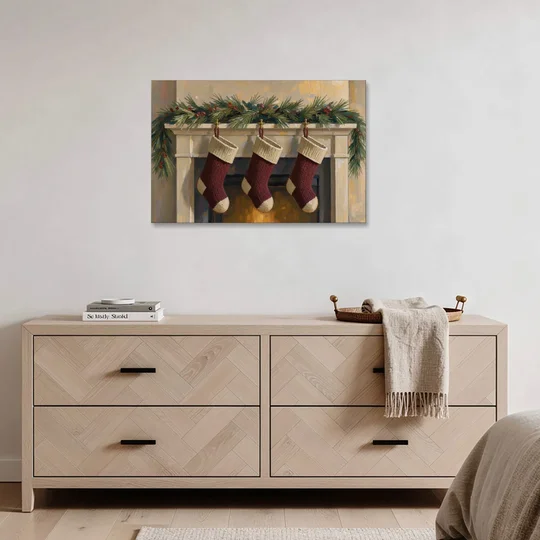 Christmas Mantel Painting with Three Knit Stockings - Canvas Wall Art - Coffee Table - 36x24