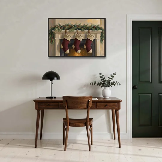 Christmas Mantel Painting with Three Knit Stockings - Black Framed Canvas Wall Art - Office - 36x24