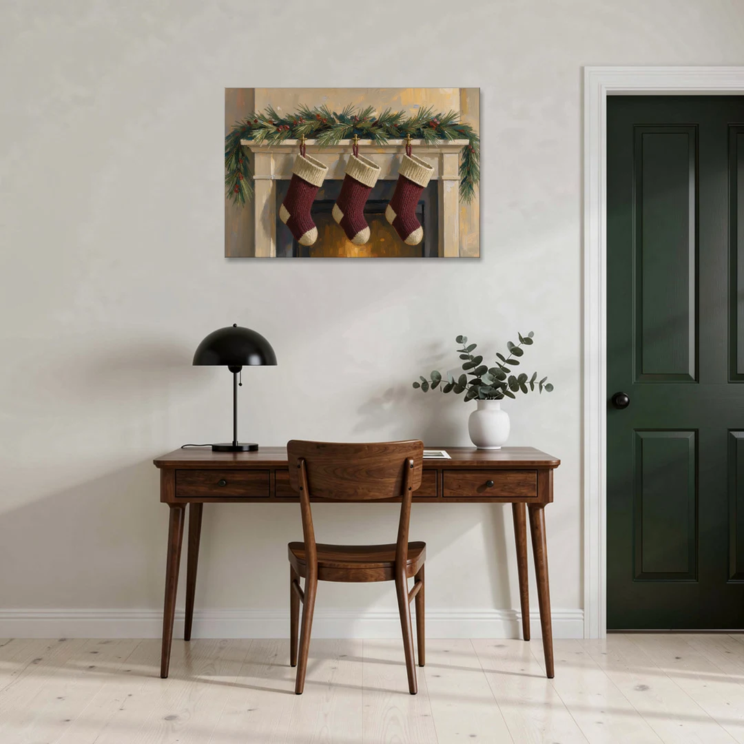 Christmas Mantel Painting with Three Knit Stockings - Canvas Wall Art - Office - 36x24