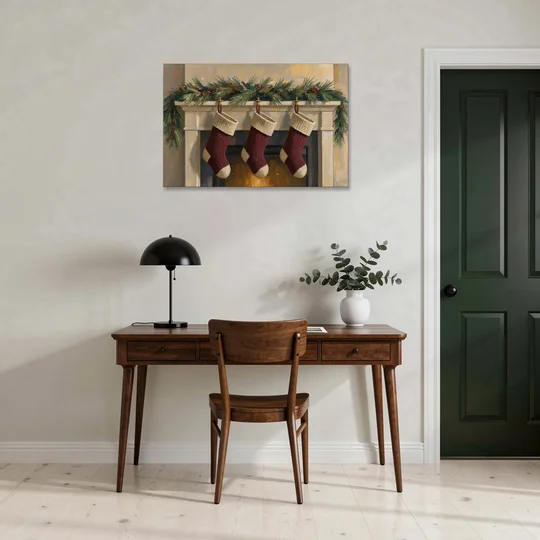 Christmas Mantel Painting with Three Knit Stockings - Canvas Wall Art - Office - 36x24
