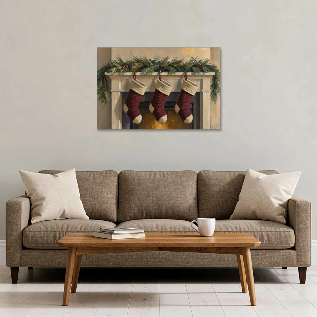 Christmas Mantel Painting with Three Knit Stockings - Canvas Wall Art - Sofa - 36x24