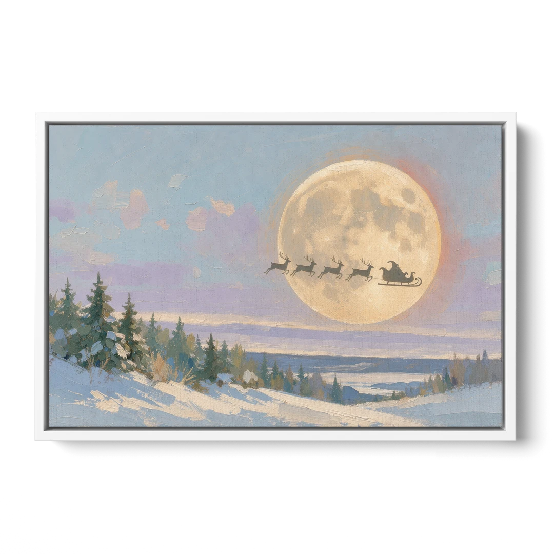 Christmas Moon Painting with Sleigh Silhouette - White Framed Canvas Wall Art - Front