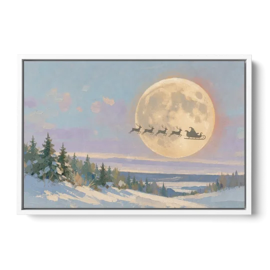 Christmas Moon Painting with Sleigh Silhouette - White Framed Canvas Wall Art - Front