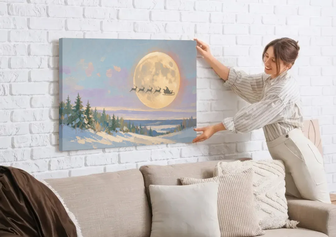 Christmas Moon Painting with Sleigh Silhouette canvas wall art being hung on a white brick wall above a sofa