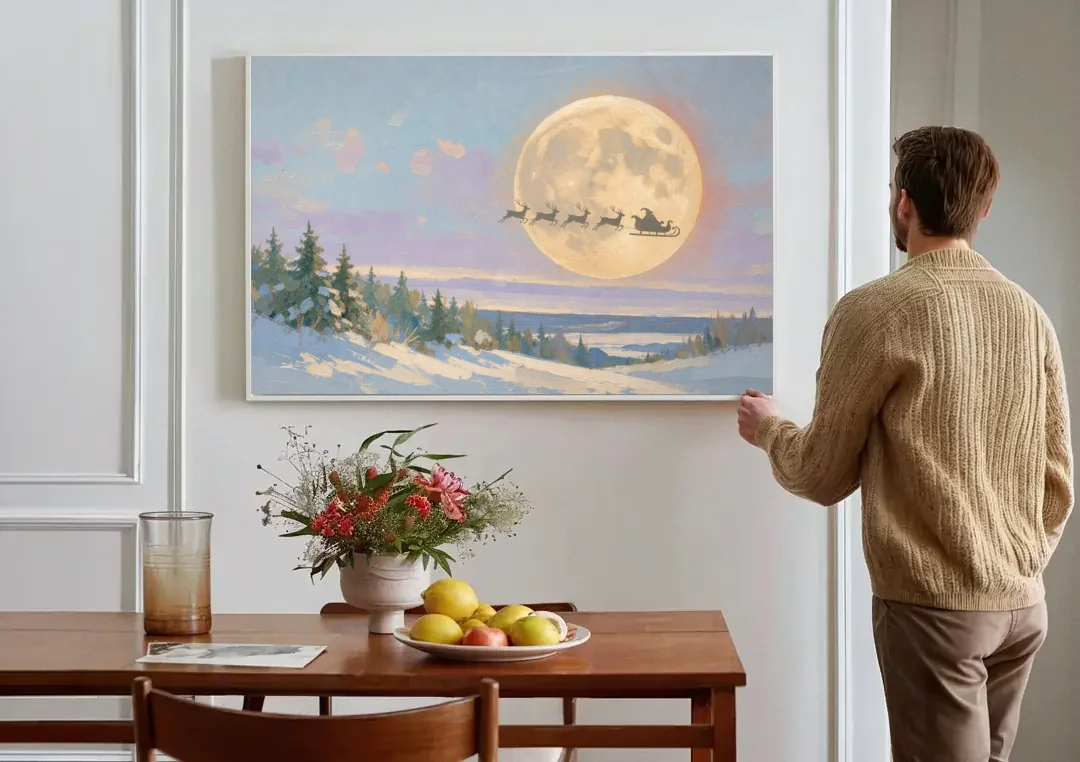 Christmas Moon Painting with Sleigh Silhouette canvas wall art above a dining table