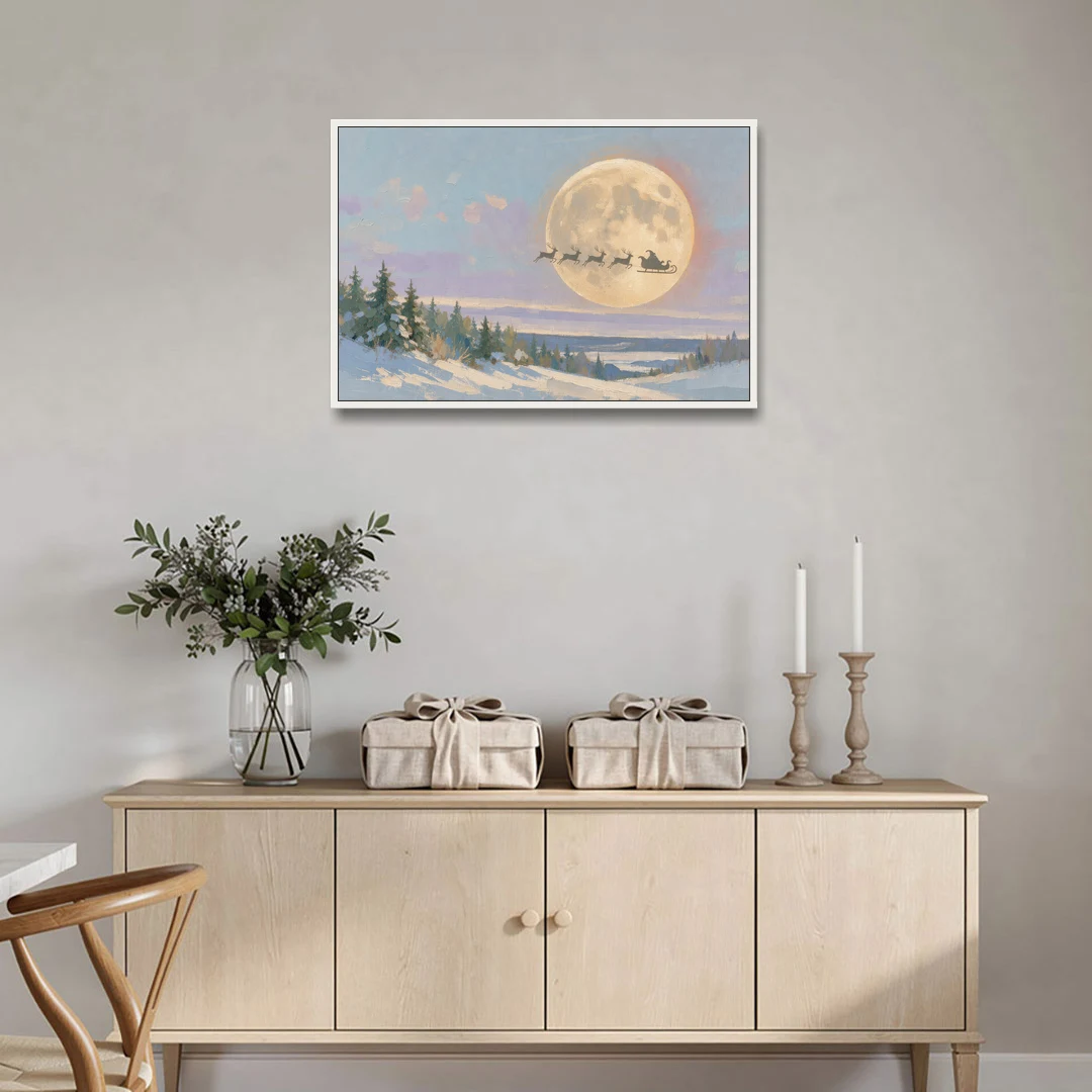 Christmas Moon Painting with Sleigh Silhouette - White Framed Canvas Wall Art - Coffee Table - 36x24