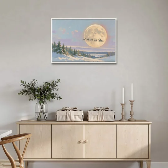 Christmas Moon Painting with Sleigh Silhouette - White Framed Canvas Wall Art - Coffee Table - 36x24