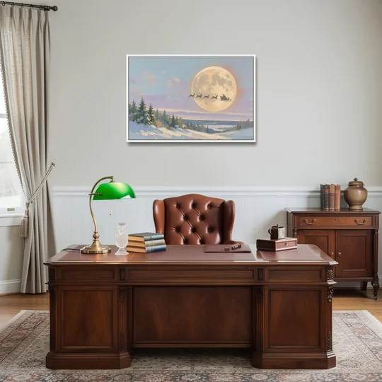 Christmas Moon Painting with Sleigh Silhouette - White Framed Canvas Wall Art - Office - 36x24