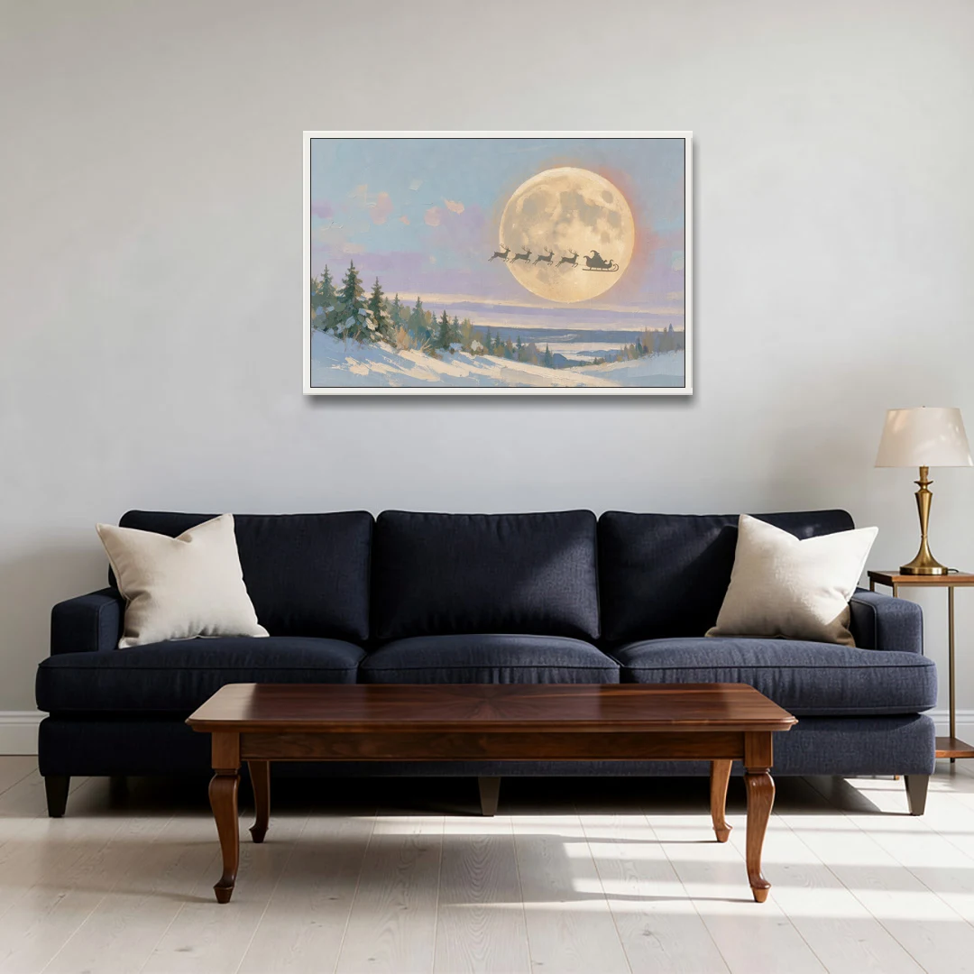 Christmas Moon Painting with Sleigh Silhouette - White Framed Canvas Wall Art - Sofa - 36x24
