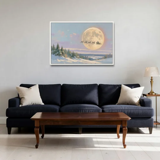 Christmas Moon Painting with Sleigh Silhouette - White Framed Canvas Wall Art - Sofa - 36x24