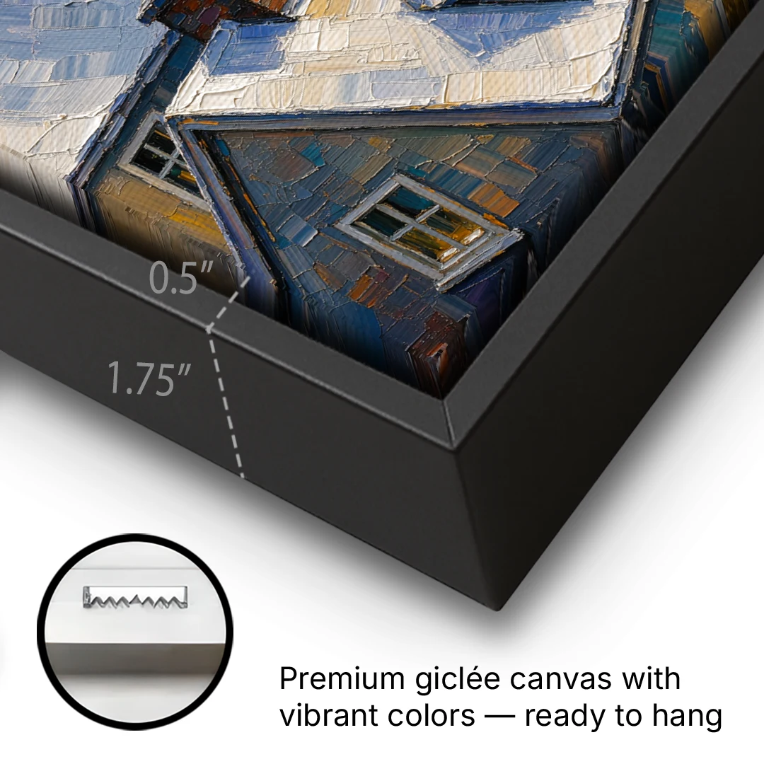 Christmas Moonlit Rooftops and Chimneys for the Mantel - Black Framed Canvas Wall Art - Gallery Wrap Corner