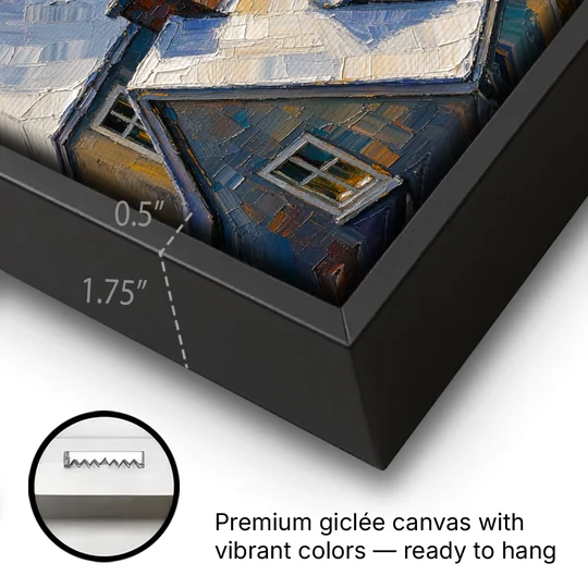 Christmas Moonlit Rooftops and Chimneys for the Mantel - Black Framed Canvas Wall Art - Gallery Wrap Corner