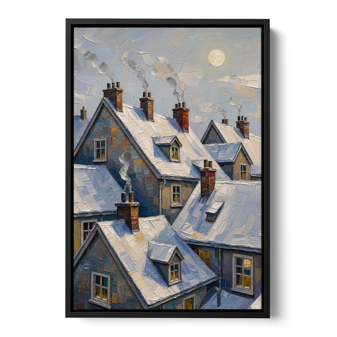 Christmas Moonlit Rooftops and Chimneys for the Mantel - Black Framed Canvas Wall Art - Front