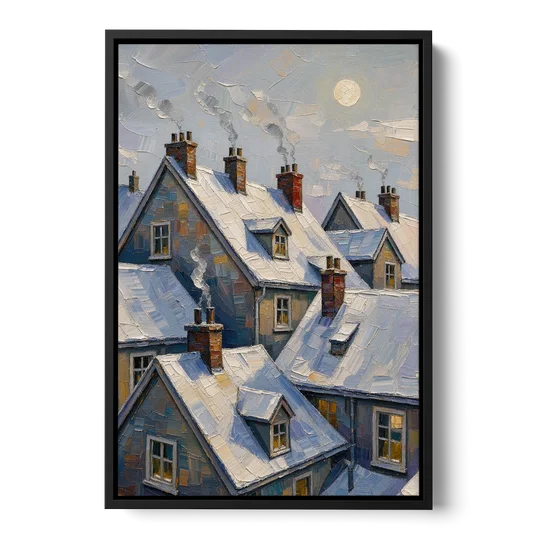 Christmas Moonlit Rooftops and Chimneys for the Mantel - Black Framed Canvas Wall Art - Front