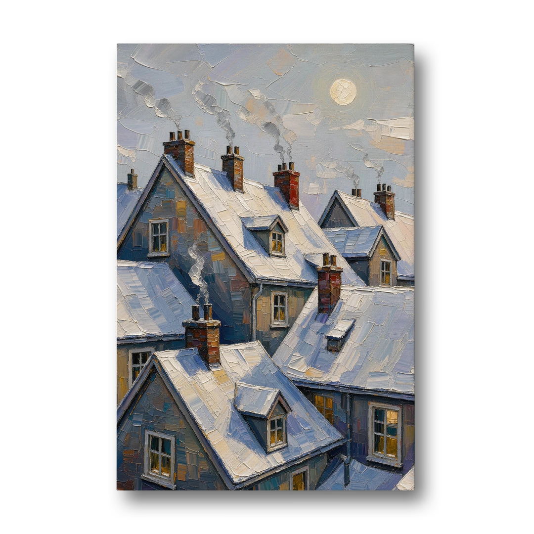 Christmas Moonlit Rooftops and Chimneys for the Mantel - Canvas Wall Art - Front