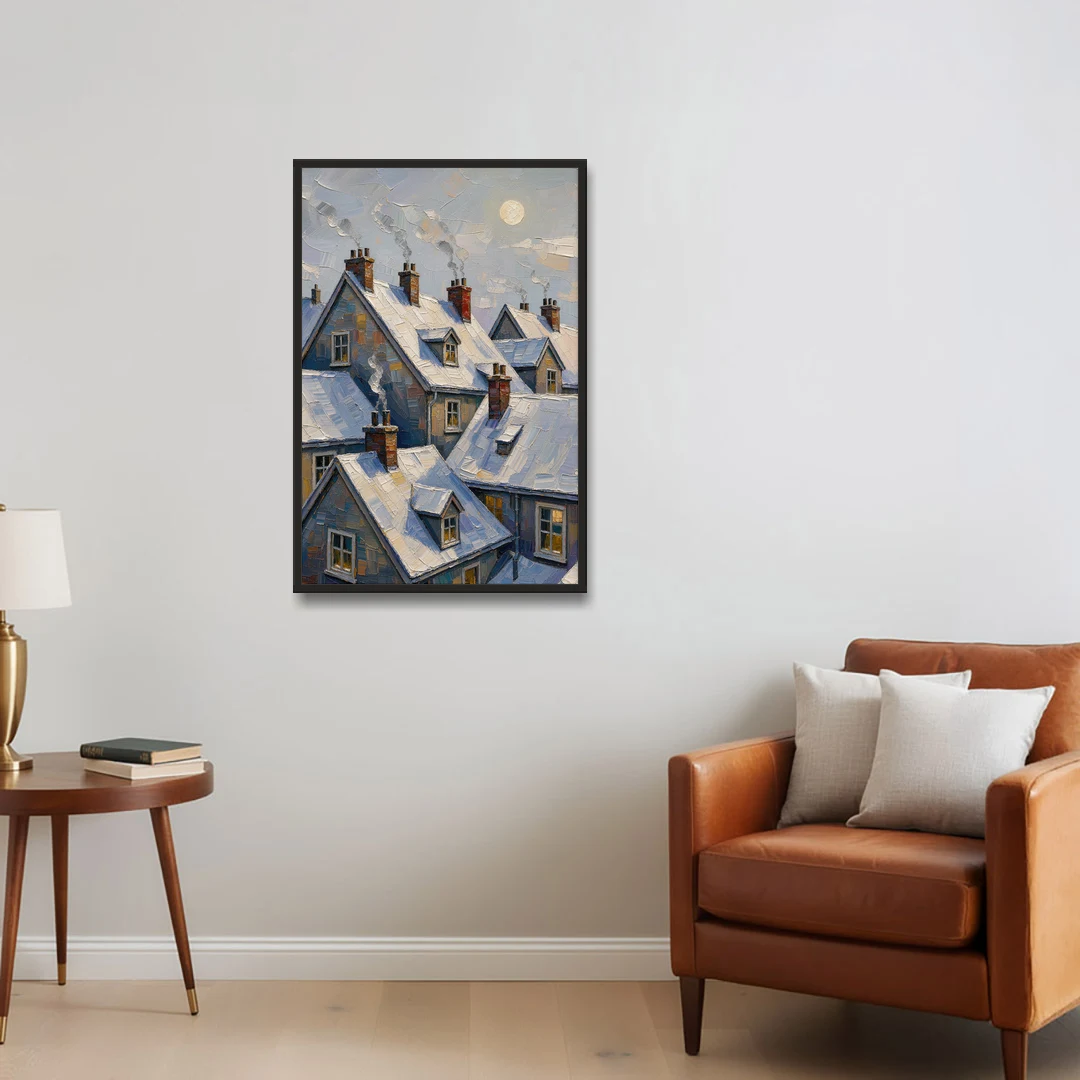 Christmas Moonlit Rooftops and Chimneys for the Mantel - Black Framed Canvas Wall Art - Sofa - 24x36