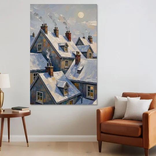 Christmas Moonlit Rooftops and Chimneys for the Mantel - Canvas Wall Art - Sofa - 40x60