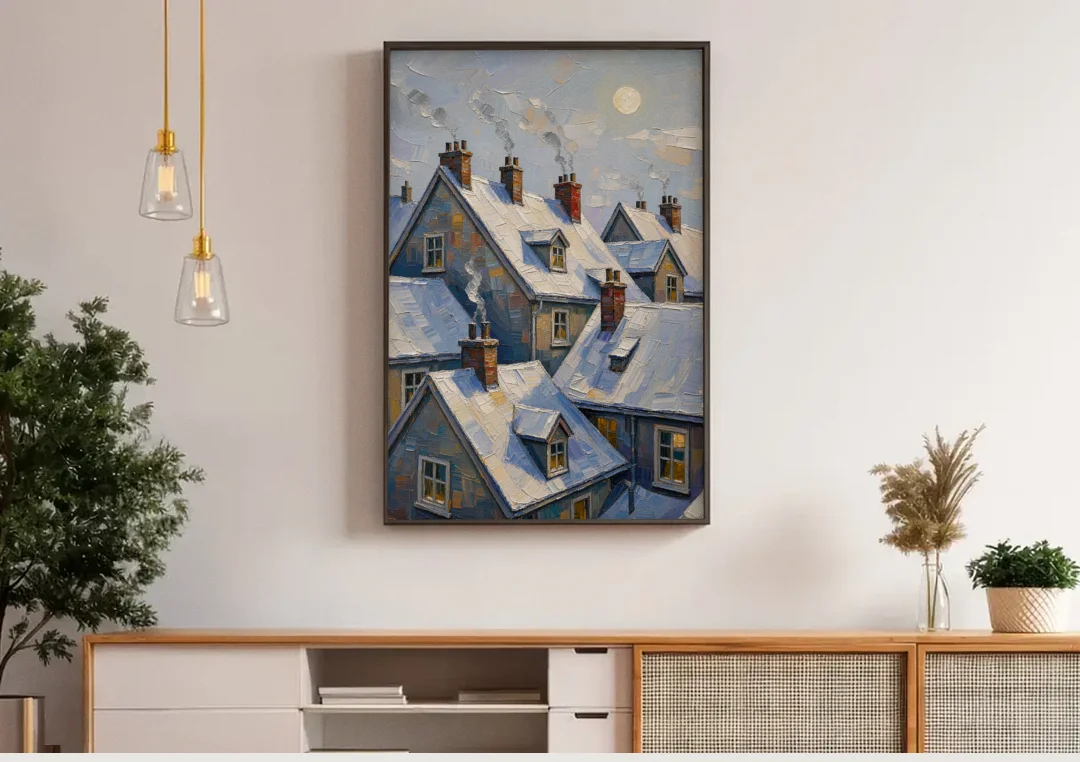 Christmas Moonlit Rooftops and Chimneys for the Mantel canvas wall art above a wooden sideboard under pendant lights