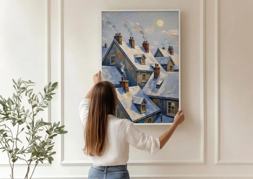 Christmas Moonlit Rooftops and Chimneys for the Mantel canvas wall art being hung on a paneled wall