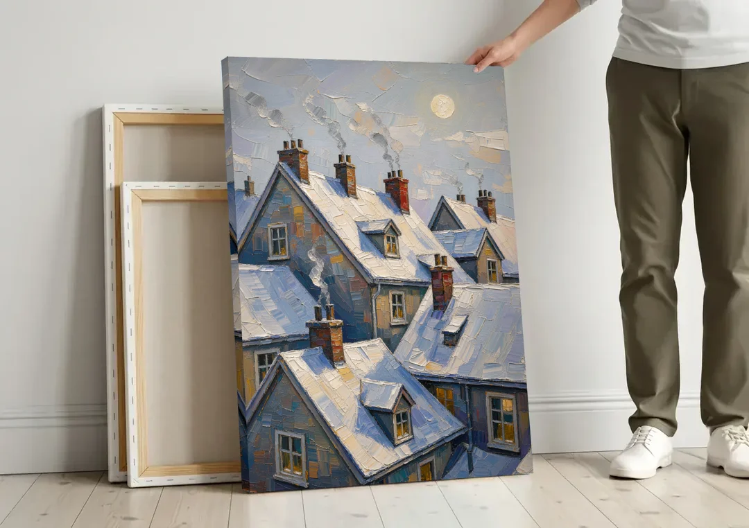 Christmas Moonlit Rooftops and Chimneys for the Mantel canvas wall art leaning against a wall next to blank canvases