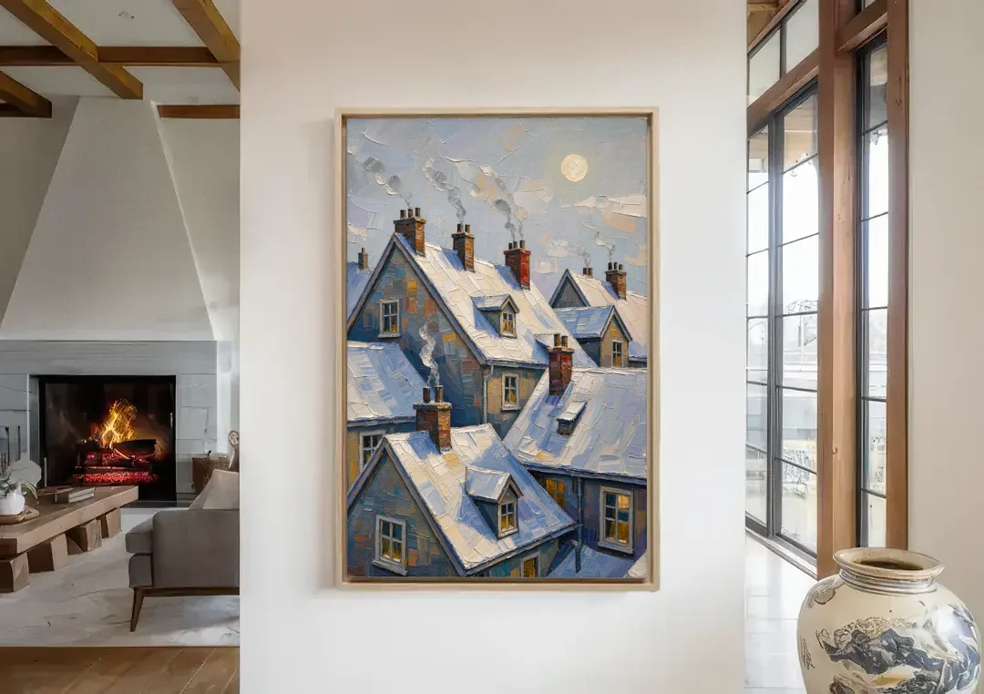 Christmas Moonlit Rooftops and Chimneys for the Mantel canvas wall art in a living room with a fireplace