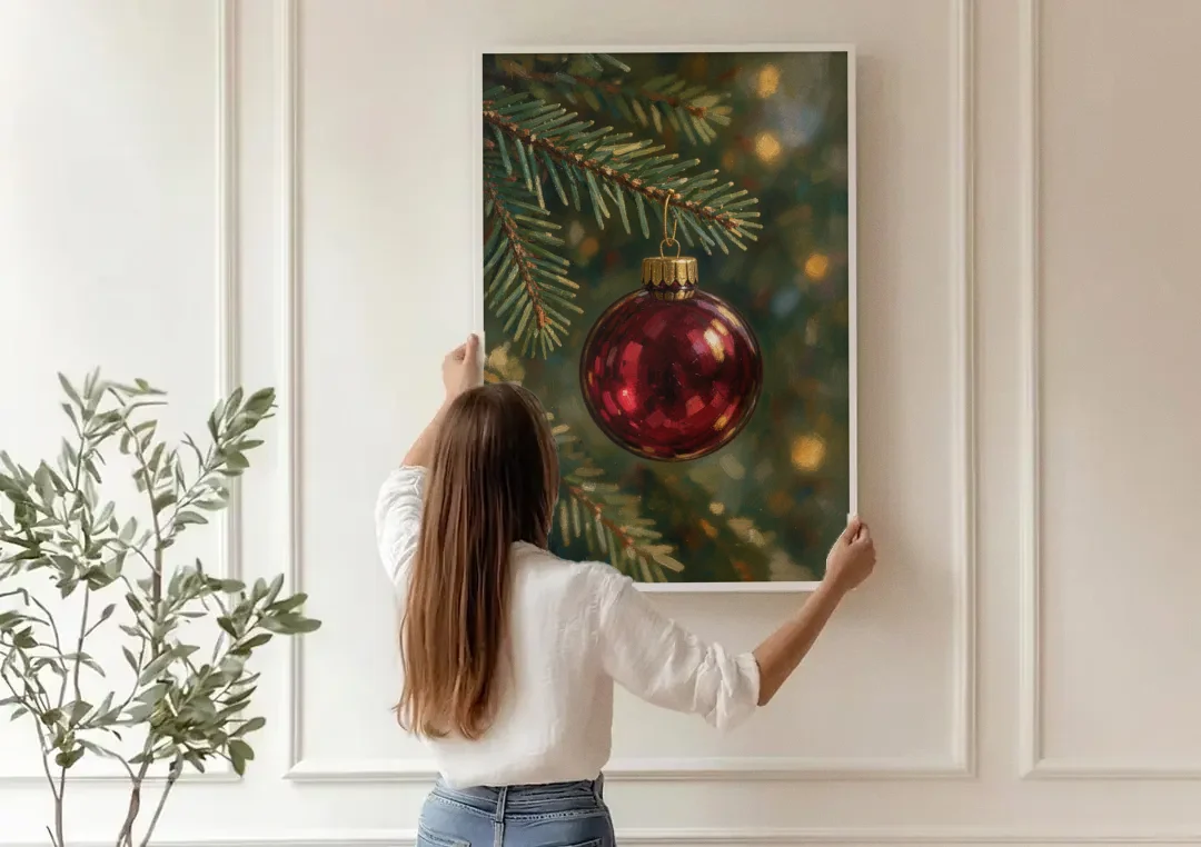 Christmas Oil Painting of a Cranberry Glass Bauble canvas wall art being hung on a paneled wall