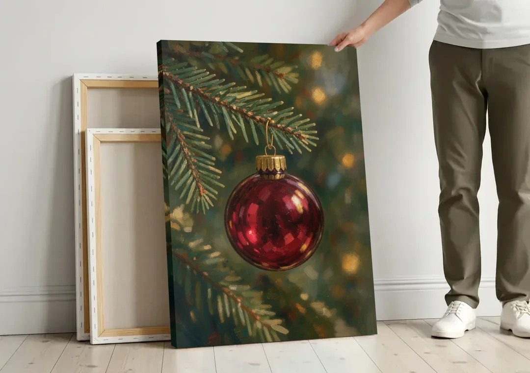 Christmas Oil Painting of a Cranberry Glass Bauble canvas wall art leaning against a wall next to blank canvases