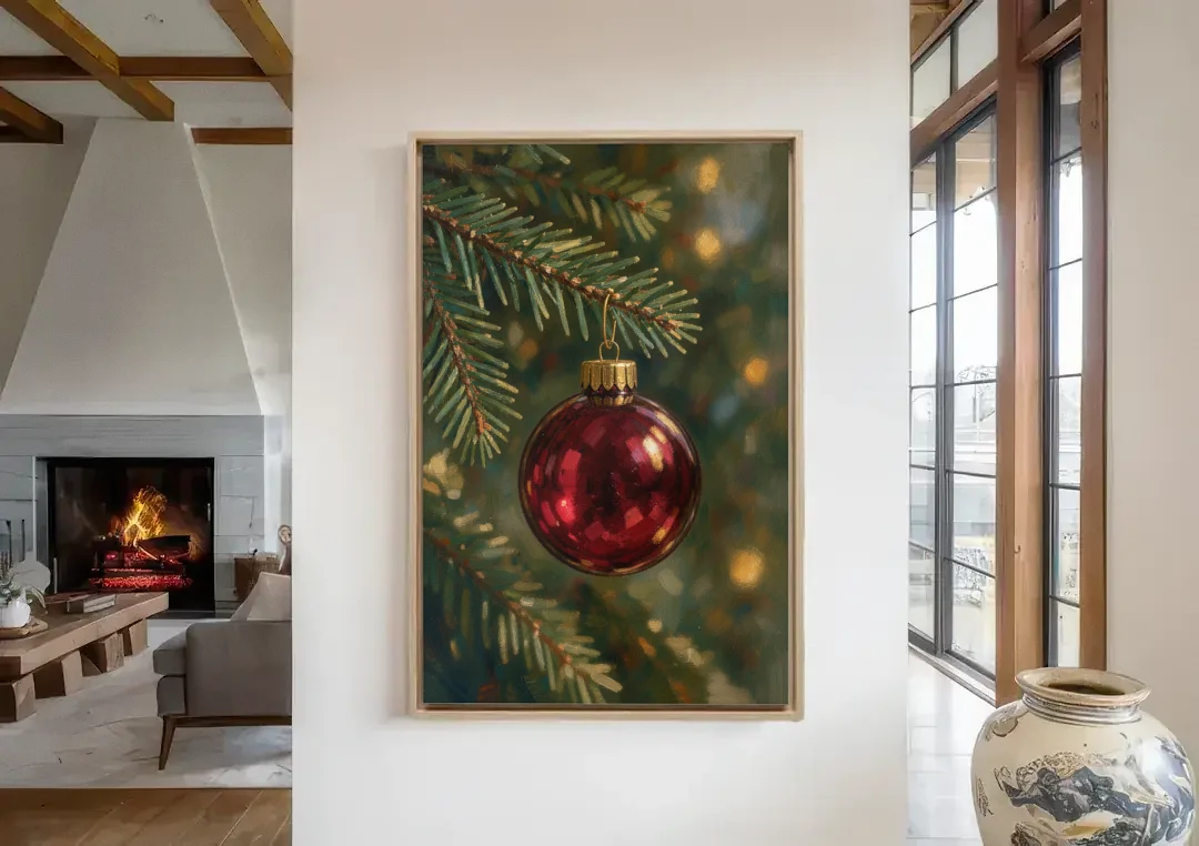 Christmas Oil Painting of a Cranberry Glass Bauble canvas wall art in a living room with a fireplace
