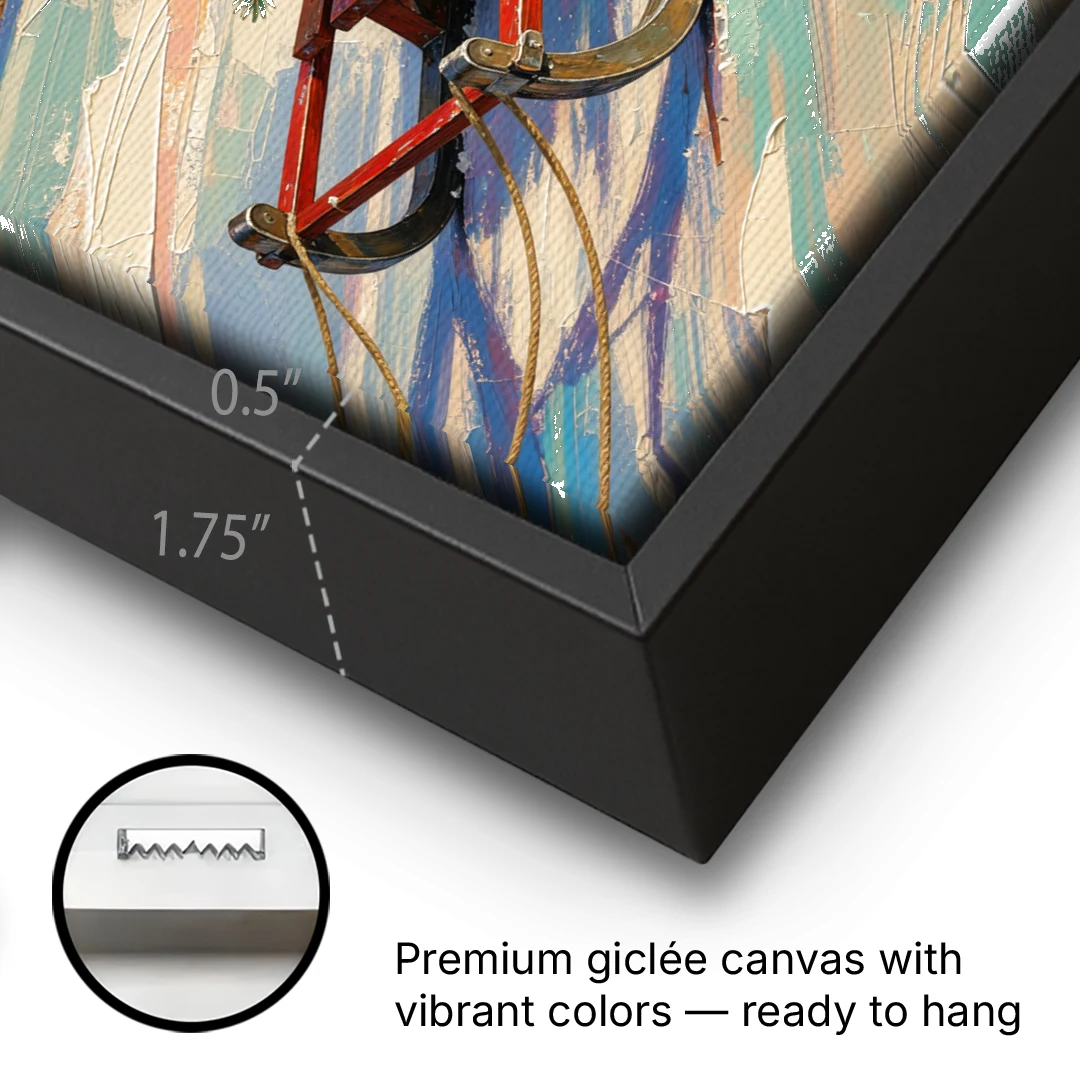 Christmas Paintings on Canvas Sled with Fir Tree - Black Framed Canvas Wall Art - Gallery Wrap Corner