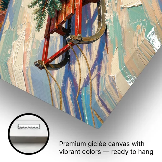 Christmas Paintings on Canvas Sled with Fir Tree - Canvas Wall Art - Gallery Wrap Corner