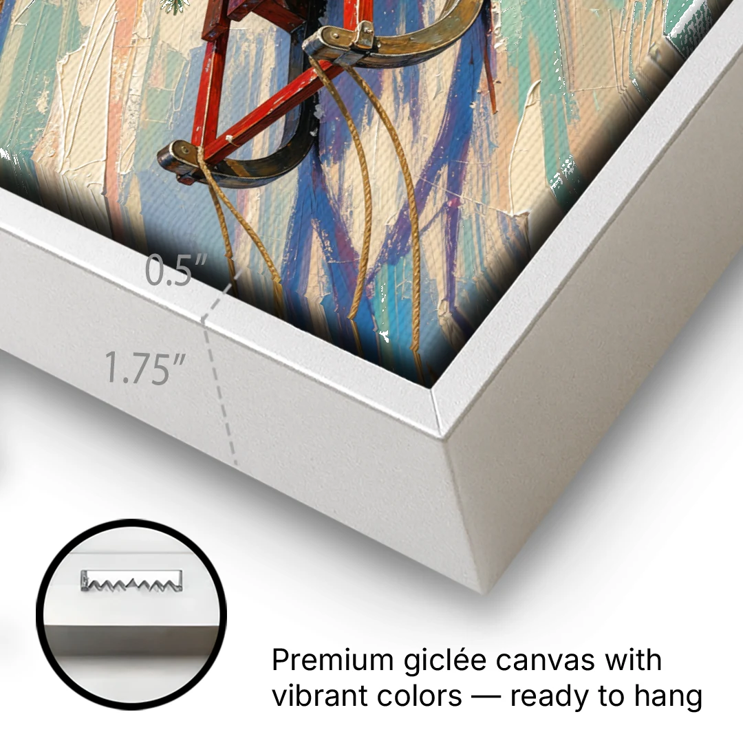 Christmas Paintings on Canvas Sled with Fir Tree - White Framed Canvas Wall Art - Gallery Wrap Corner
