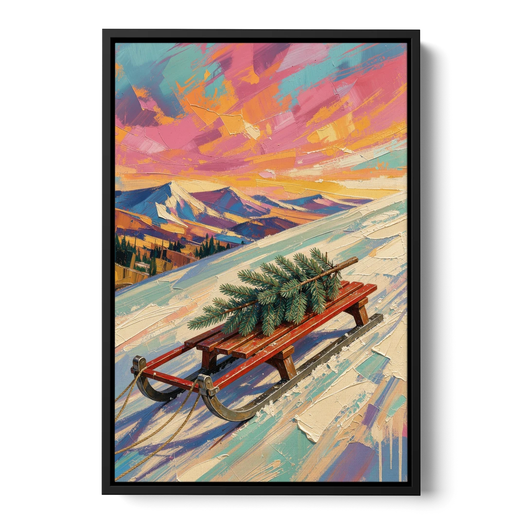 Christmas Paintings on Canvas Sled with Fir Tree - Black Framed Canvas Wall Art - Front