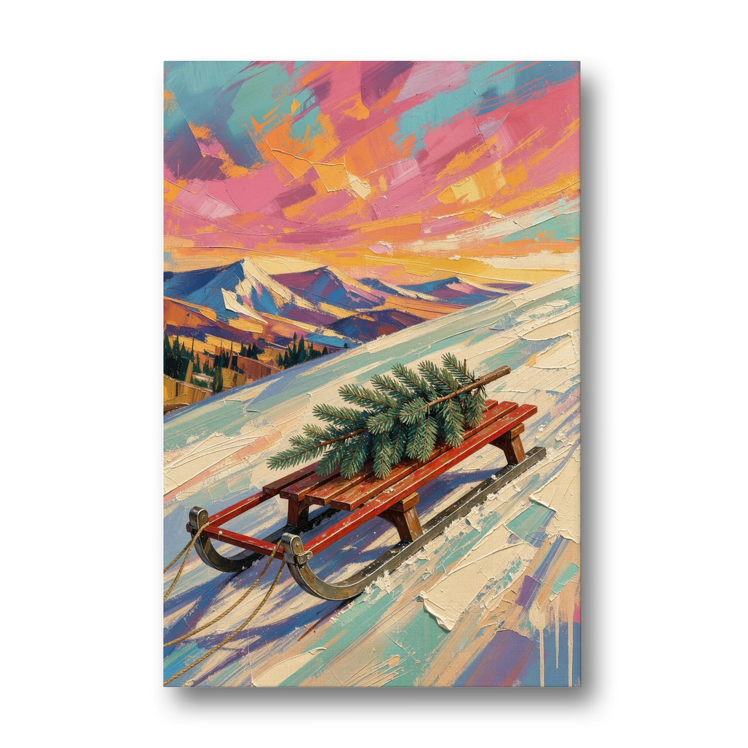 Christmas Paintings on Canvas Sled with Fir Tree - Canvas Wall Art - Front