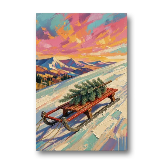 Christmas Paintings on Canvas Sled with Fir Tree - Canvas Wall Art - Front
