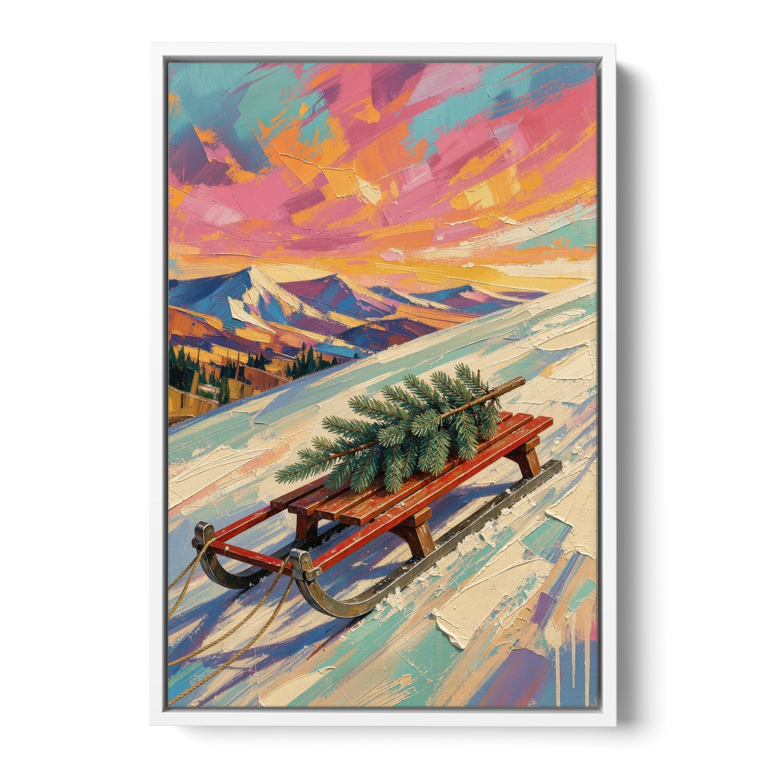 Christmas Paintings on Canvas Sled with Fir Tree - White Framed Canvas Wall Art - Front