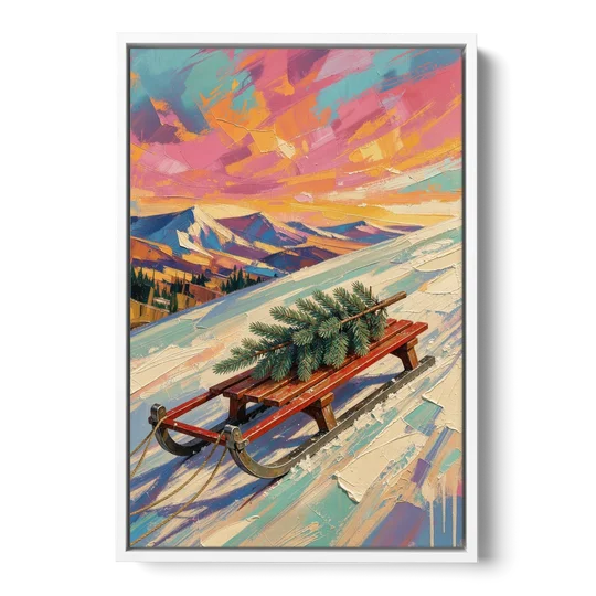 Christmas Paintings on Canvas Sled with Fir Tree - White Framed Canvas Wall Art - Front