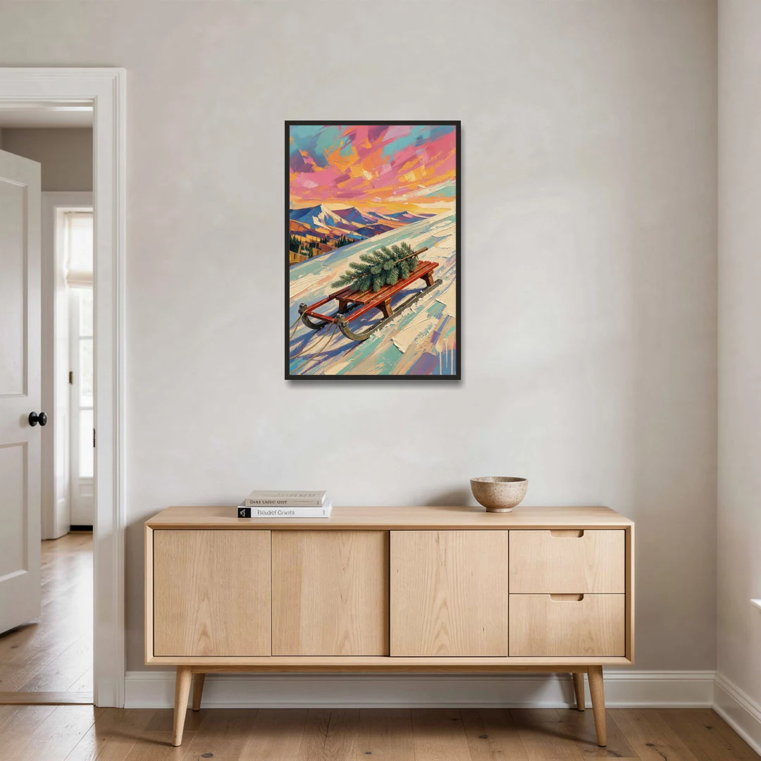 Christmas Paintings on Canvas Sled with Fir Tree - Black Framed Canvas Wall Art - Coffee Table - 24x36